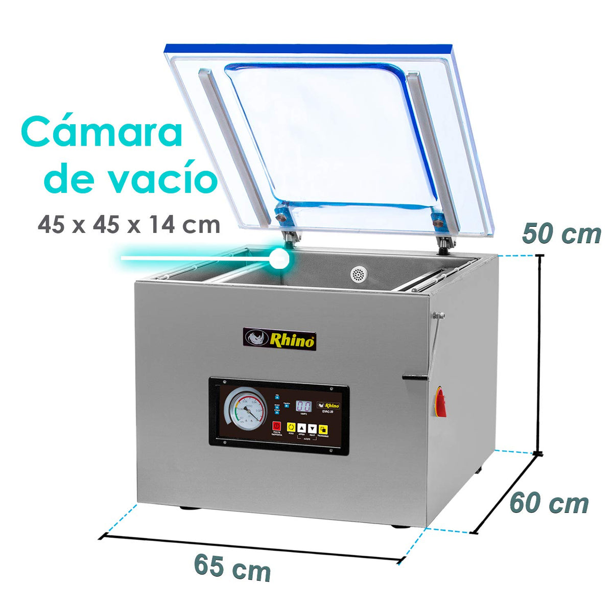 Empacadora Al Vacío | Cuerpo De Acero Inoxidable / Tapa De Metacrilato | Doble Barra De Sellado 41 Cm | 20 M3/H | Uso Comercial | EVAC-20 | RHINO