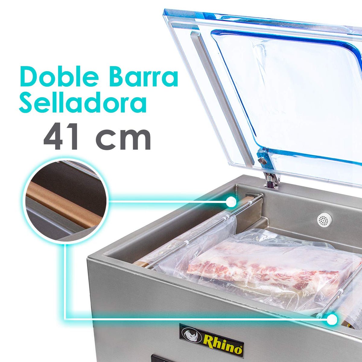 Empacadora Al Vacío | Cuerpo De Acero Inoxidable / Tapa De Metacrilato | Doble Barra De Sellado 41 Cm | 20 M3/H | Uso Comercial | EVAC-20 | RHINO
