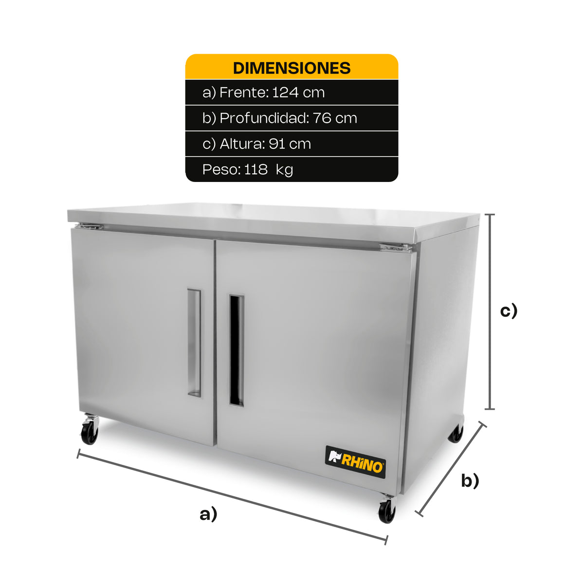 Mesa Refrigerada | Acero Inoxidable | Mesa Refrigerada Bajo Barra 48 Pulgadas | 13.3 Pies | Uso Comercial | MERBAJ-48 | RHINO