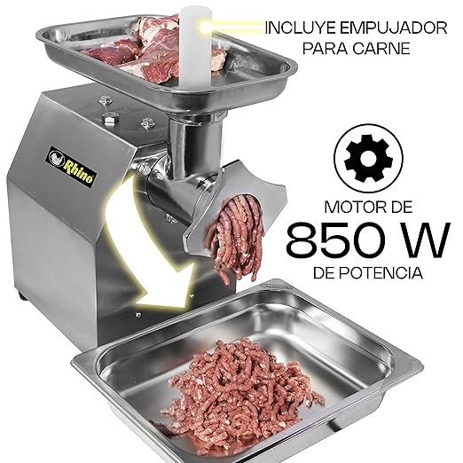 Molino Para Carne | Gabinete Y Charola De Acero Inoxidable / Cabezal De Hierro Niquelado | Cabezal No. 12 | Cabezal No. 12 / Motor 1 Hp | Uso Comercial | MOCA-12 | RHINO