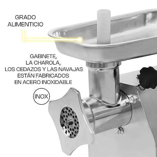 Molino Para Carne | Gabinete Y Charola De Acero Inoxidable / Cabezal De Hierro Niquelado | Cabezal No. 12 | Cabezal No. 12 / Motor 1 Hp | Uso Comercial | MOCA-12 | RHINO