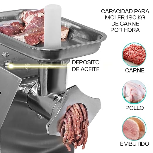 Molino Para Carne | Gabinete Y Charola De Acero Inoxidable / Cabezal De Hierro Niquelado | Cabezal No. 12 | Cabezal No. 12 / Motor 1 Hp | Uso Comercial | MOCA-12 | RHINO