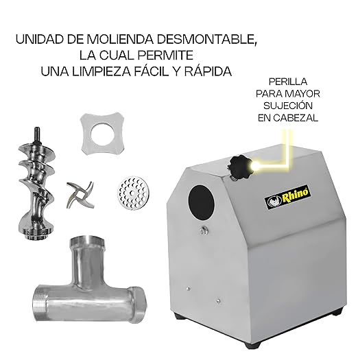 Molino Para Carne | Gabinete Y Charola De Acero Inoxidable / Cabezal De Hierro Niquelado | Cabezal No. 12 | Cabezal No. 12 / Motor 1 Hp | Uso Comercial | MOCA-12 | RHINO