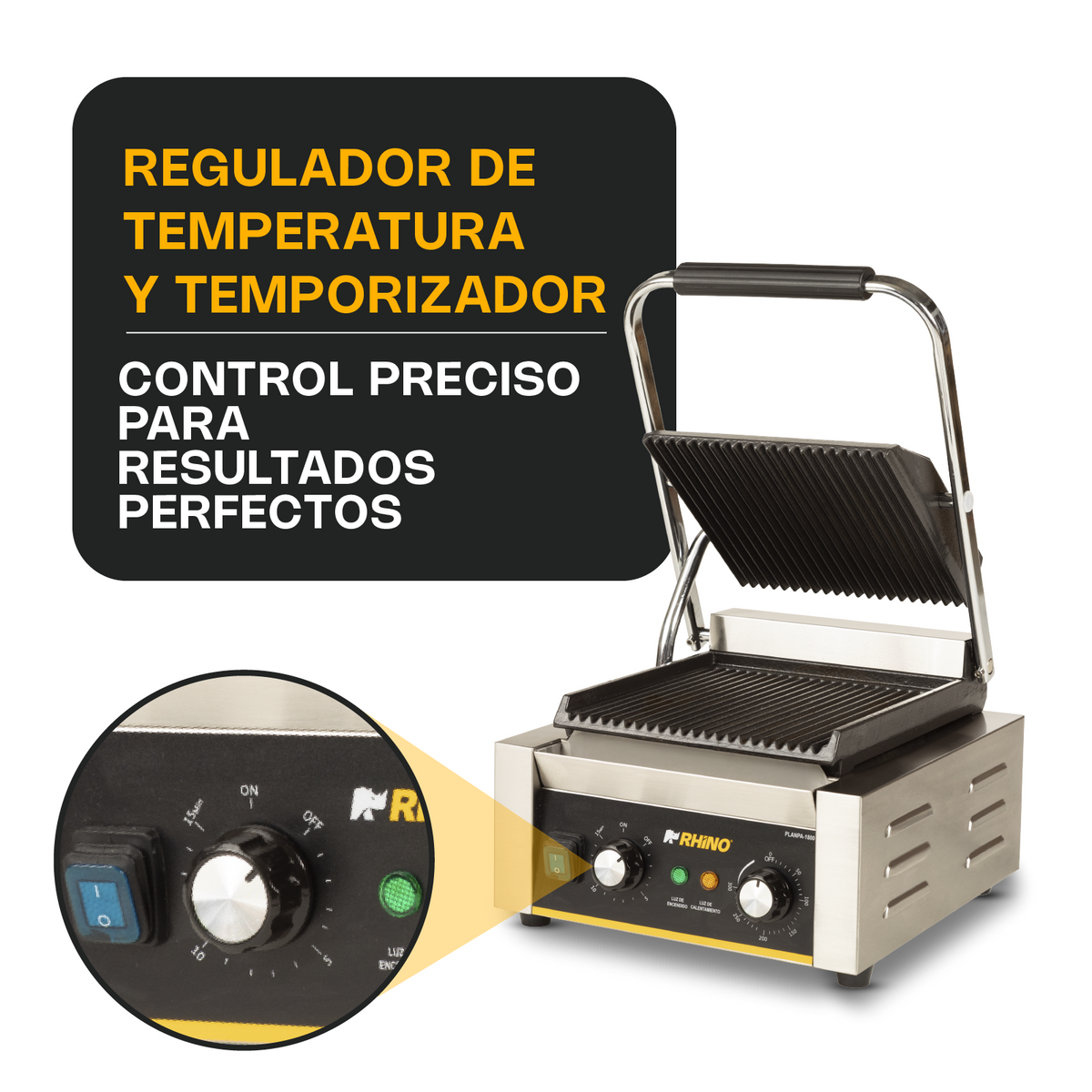Plancha Panini | Placas De Hierro Fundido / Estructura Metálica | Planchas 20.5 X 21.5 Cm | Doble Plancha | Uso Comercial | PLANPA-1800 | RHINO