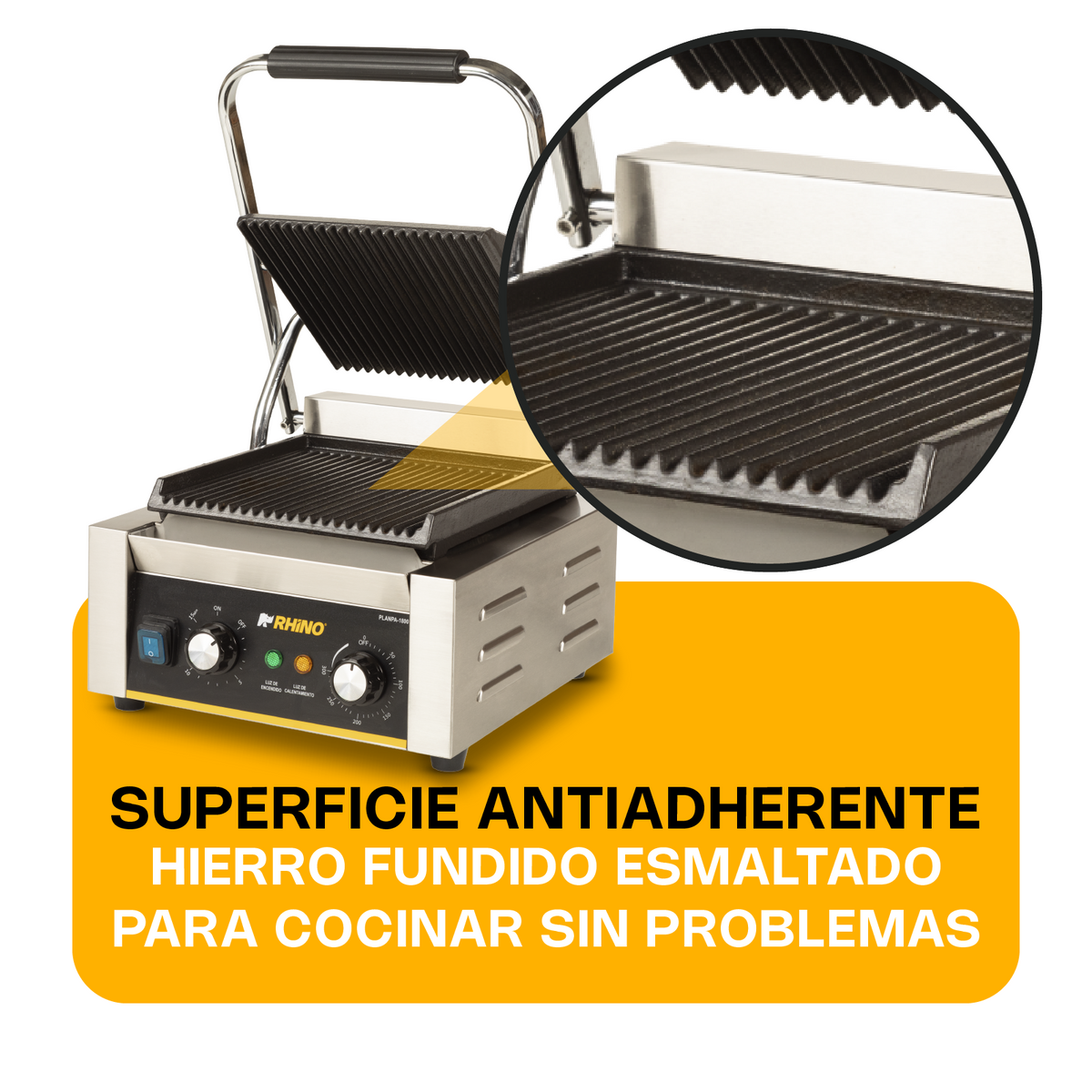 Plancha Panini | Placas De Hierro Fundido / Estructura Metálica | Planchas 20.5 X 21.5 Cm | Doble Plancha | Uso Comercial | PLANPA-1800 | RHINO