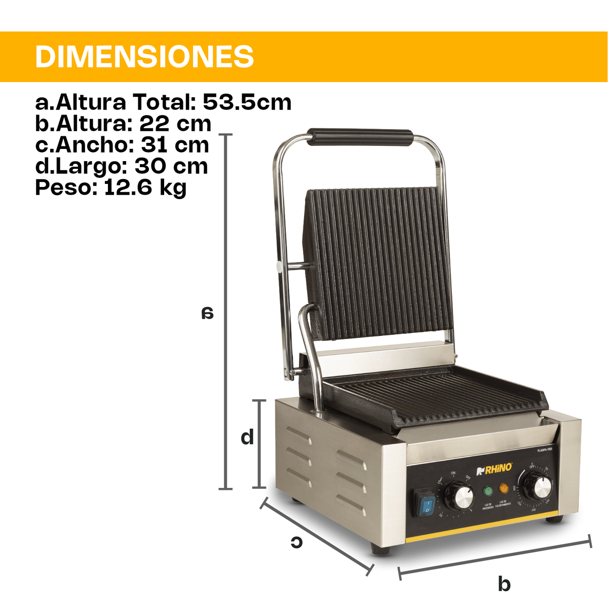 Plancha Panini | Placas De Hierro Fundido / Estructura Metálica | Planchas 20.5 X 21.5 Cm | Doble Plancha | Uso Comercial | PLANPA-1800 | RHINO