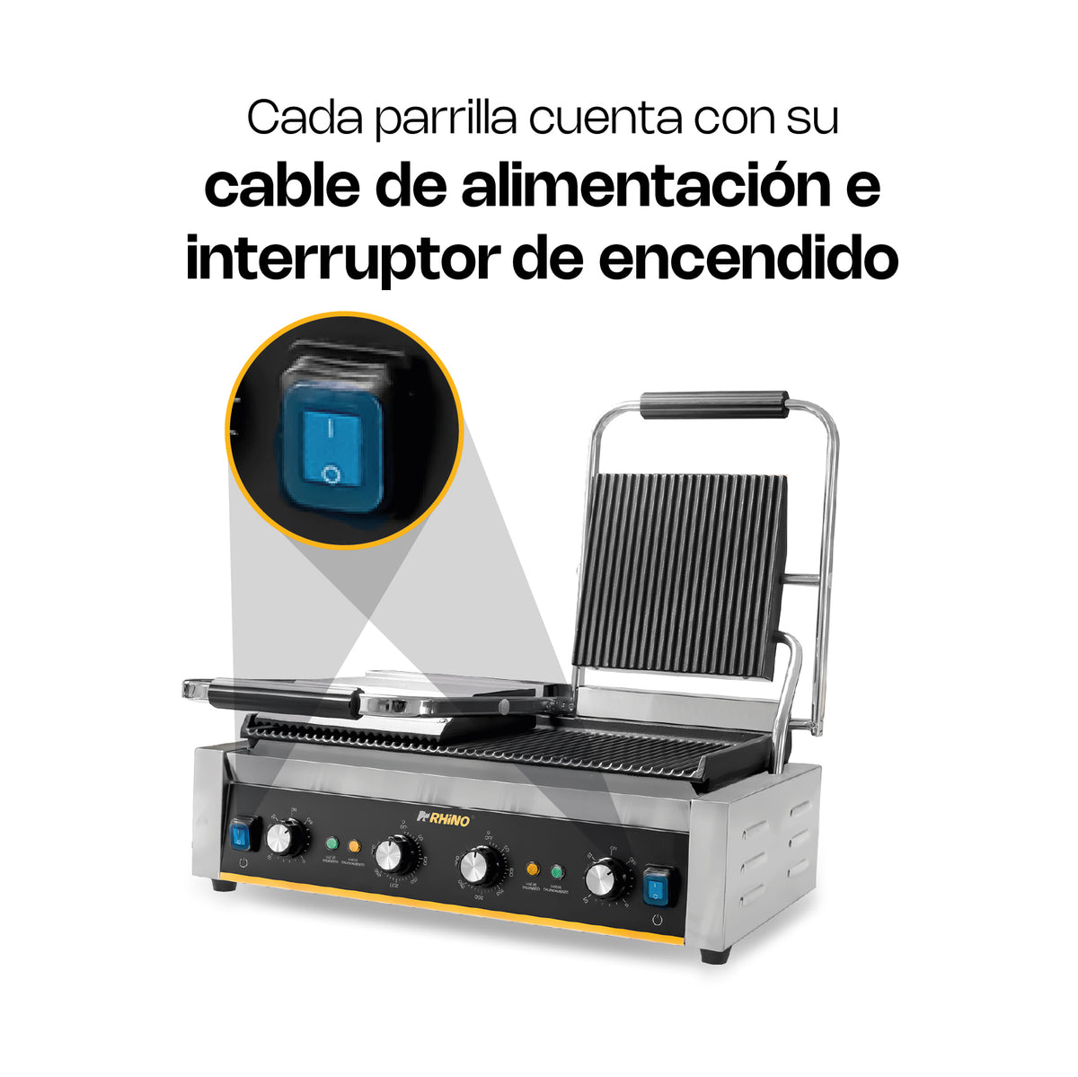 Plancha Panini | Placas De Hierro Fundido / Estructura Metálica | Formato Doble | Doble Parrilla Panini | Uso Comercial | PLANPA-3600 | RHINO
