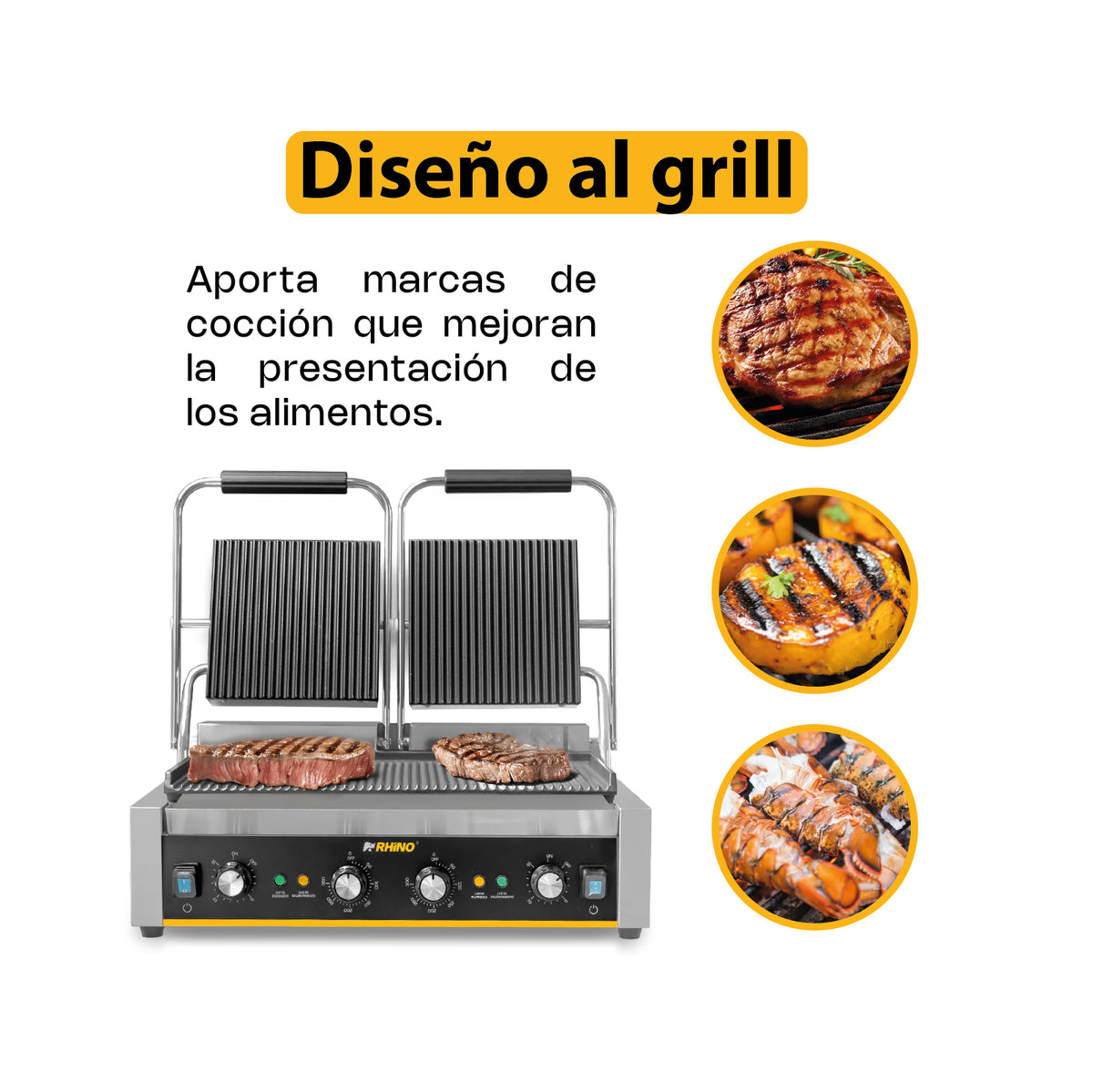 Plancha Panini | Placas De Hierro Fundido / Estructura Metálica | Formato Doble | Doble Parrilla Panini | Uso Comercial | PLANPA-3600 | RHINO