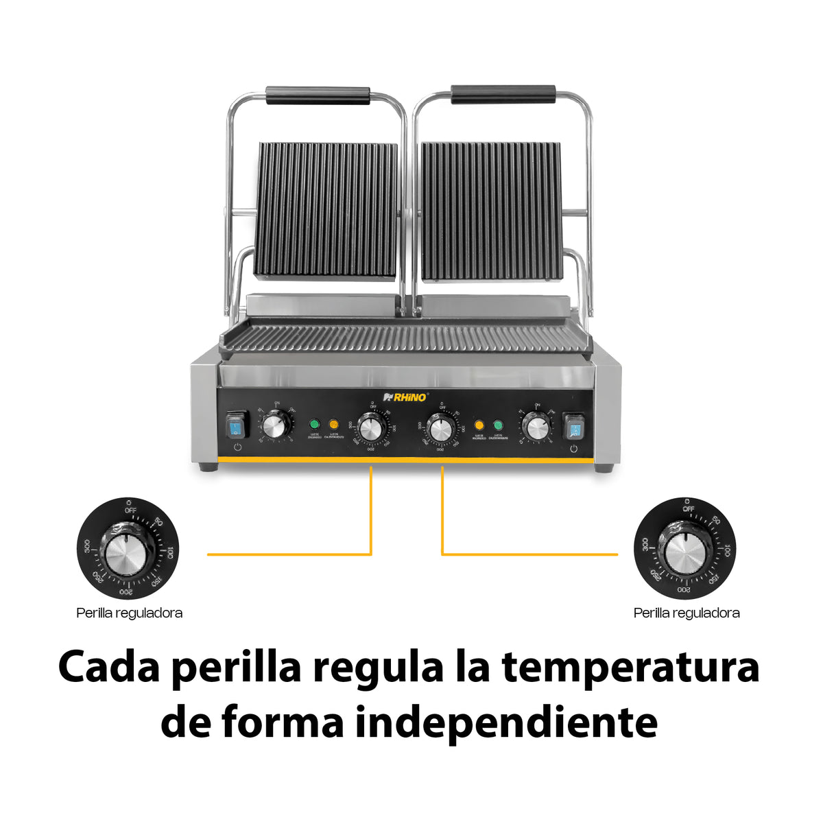 Plancha Panini | Placas De Hierro Fundido / Estructura Metálica | Formato Doble | Doble Parrilla Panini | Uso Comercial | PLANPA-3600 | RHINO