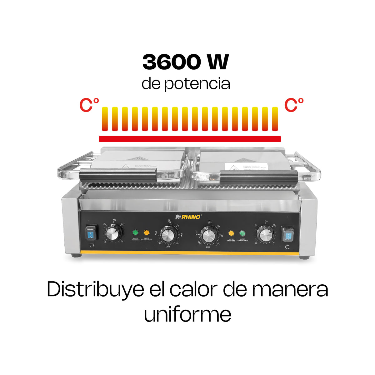 Plancha Panini | Placas De Hierro Fundido / Estructura Metálica | Formato Doble | Doble Parrilla Panini | Uso Comercial | PLANPA-3600 | RHINO