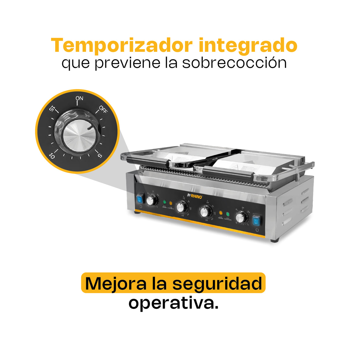 Plancha Panini | Placas De Hierro Fundido / Estructura Metálica | Formato Doble | Doble Parrilla Panini | Uso Comercial | PLANPA-3600 | RHINO