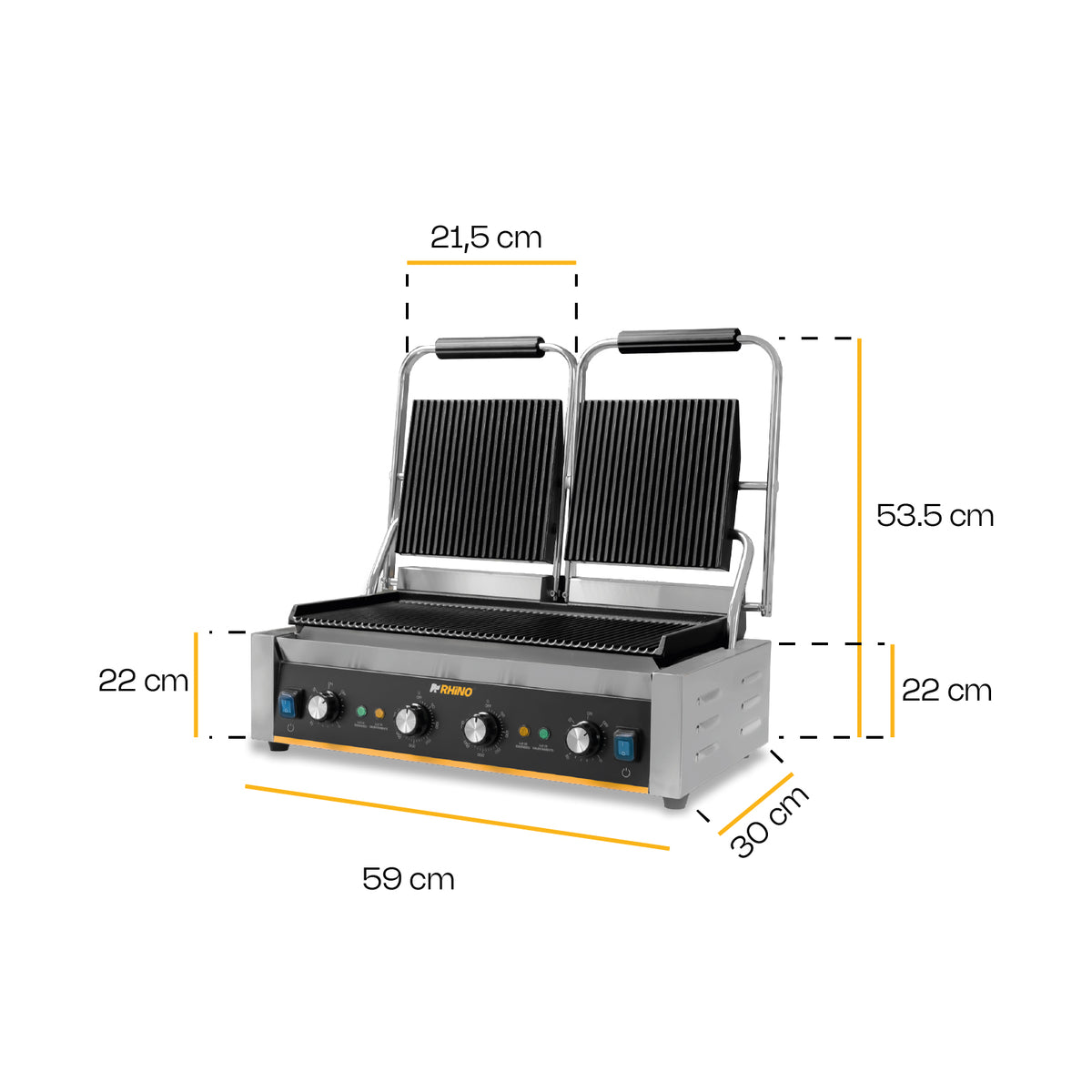Plancha Panini | Placas De Hierro Fundido / Estructura Metálica | Formato Doble | Doble Parrilla Panini | Uso Comercial | PLANPA-3600 | RHINO
