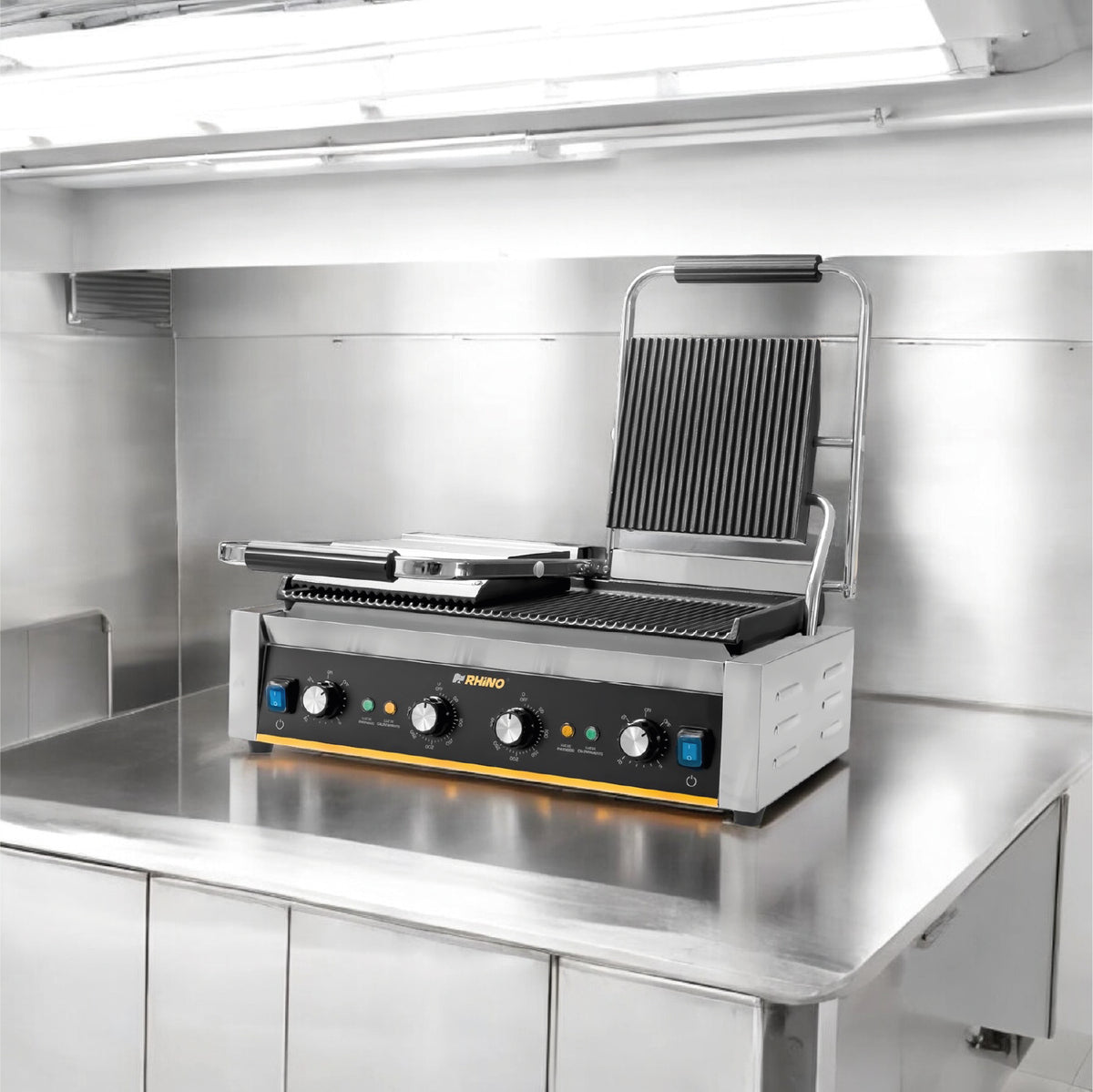 Plancha Panini | Placas De Hierro Fundido / Estructura Metálica | Formato Doble | Doble Parrilla Panini | Uso Comercial | PLANPA-3600 | RHINO