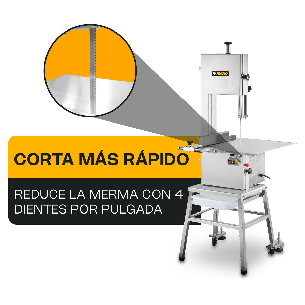 Sierra Carnicera | Mesa De Acero Inoxidable / Estructura Metálica | Cinta Sierra 222 Cm | Corte De Carne Y Hueso | Uso Comercial | SICA-222 | RHINO