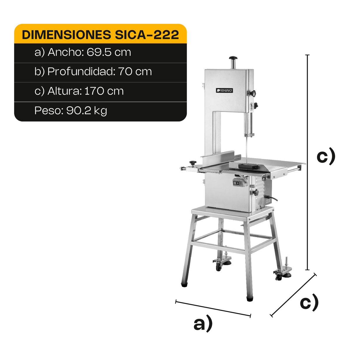 Sierra Carnicera | Mesa De Acero Inoxidable / Estructura Metálica | Cinta Sierra 222 Cm | Corte De Carne Y Hueso | Uso Comercial | SICA-222 | RHINO