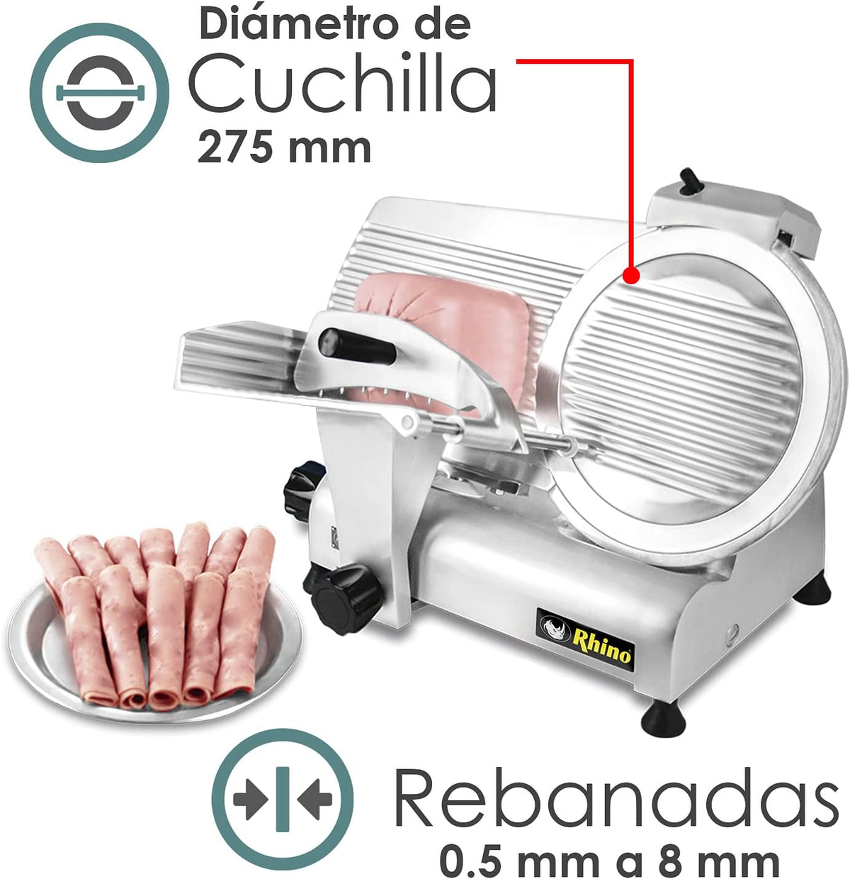 Rebanadora | Cuchilla De Acero Inoxidable / Cuerpo De Aluminio | Cuchilla 275 Mm | Corte Para Jamón Y Queso | Uso Comercial | SLI-275 | RHINO