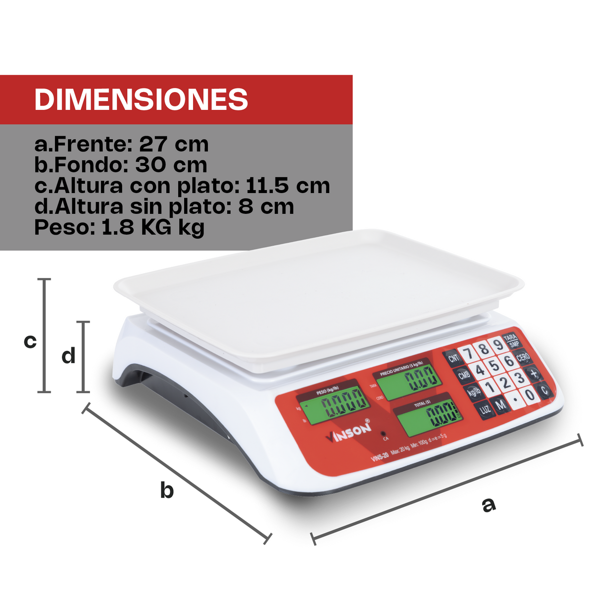 Báscula electrónica multifunciones 20 kg | Rhino | Vins-20