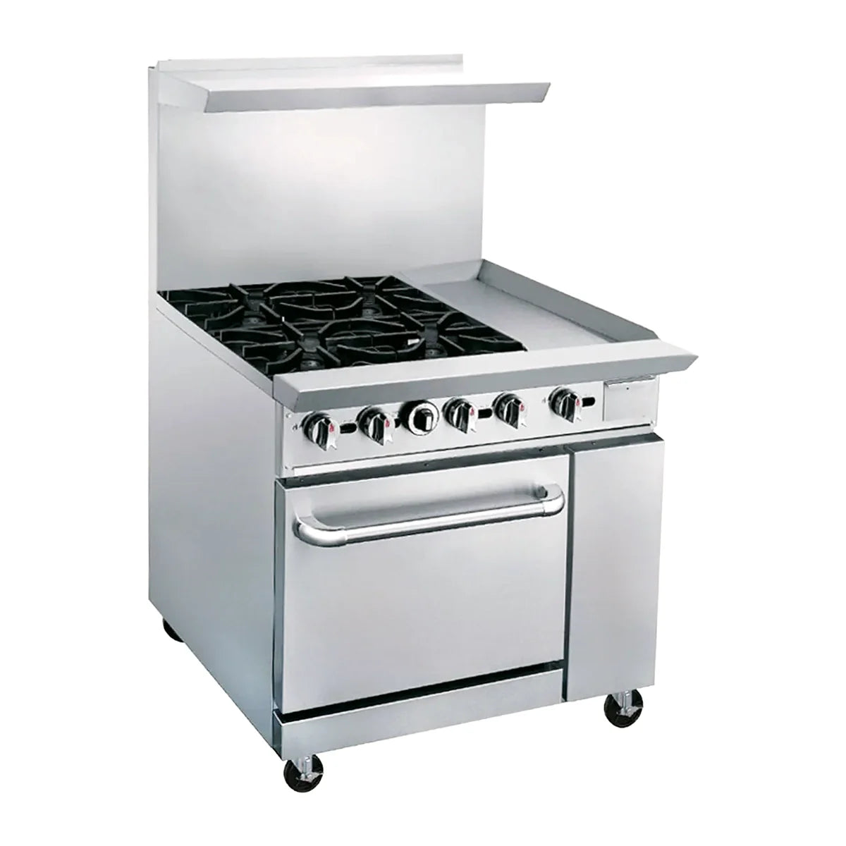 ESTUFA COMERCIAL A GAS DE 4 QUEMADORES, PLANCHA Y HORNO CON RESPALDO | DCR36-4QH