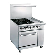 ESTUFA COMERCIAL A GAS DE 4 QUEMADORES, PLANCHA Y HORNO CON RESPALDO | DCR36-4QH