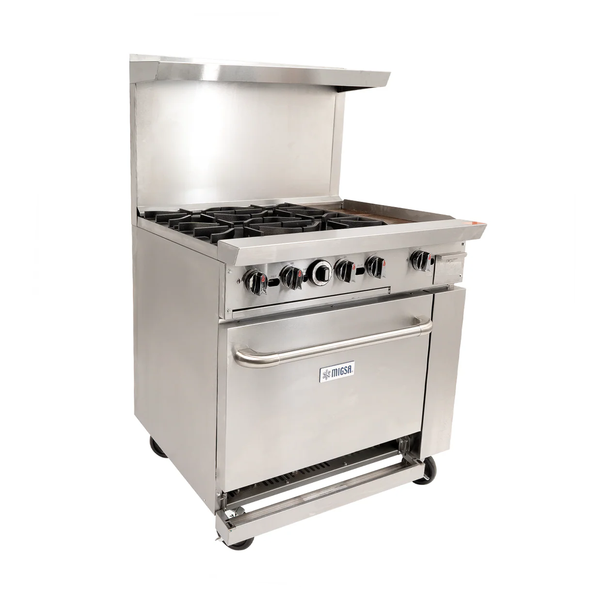 ESTUFA COMERCIAL A GAS DE 6 QUEMADORES Y HORNO CON RESPALDO | DCR36-6Q