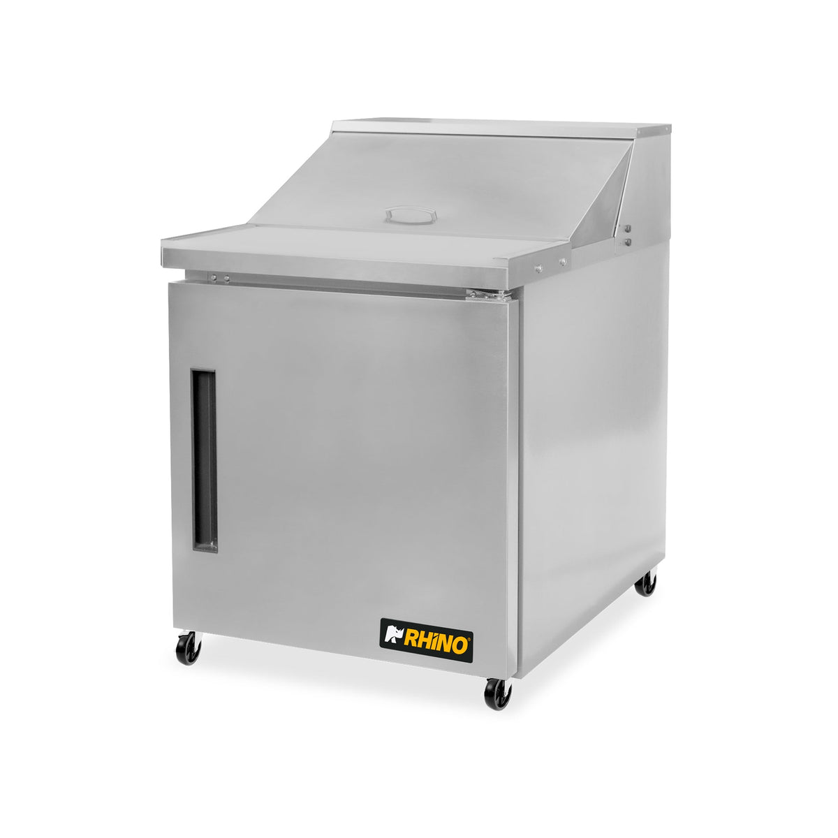 Mesa refrigerada de preparación rhino mersal-27 de acero inoxidable plata con tapa inclinada y ruedas negras